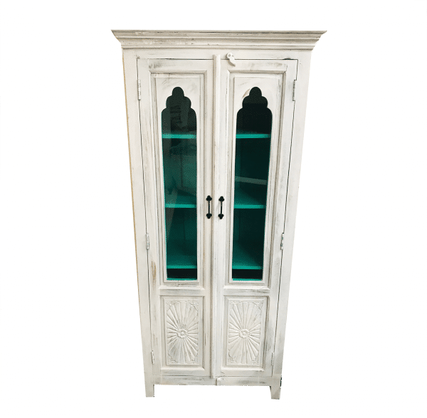 Carved White Glass Fronted Cupboard Iris Furnishing